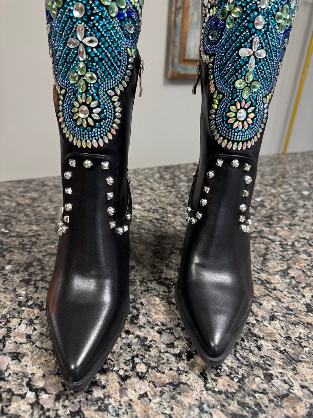 Azalea Wang Over-the-Knee Boots Blue Peacock design and Stud Details NEW 6 - Picture 11 of 17